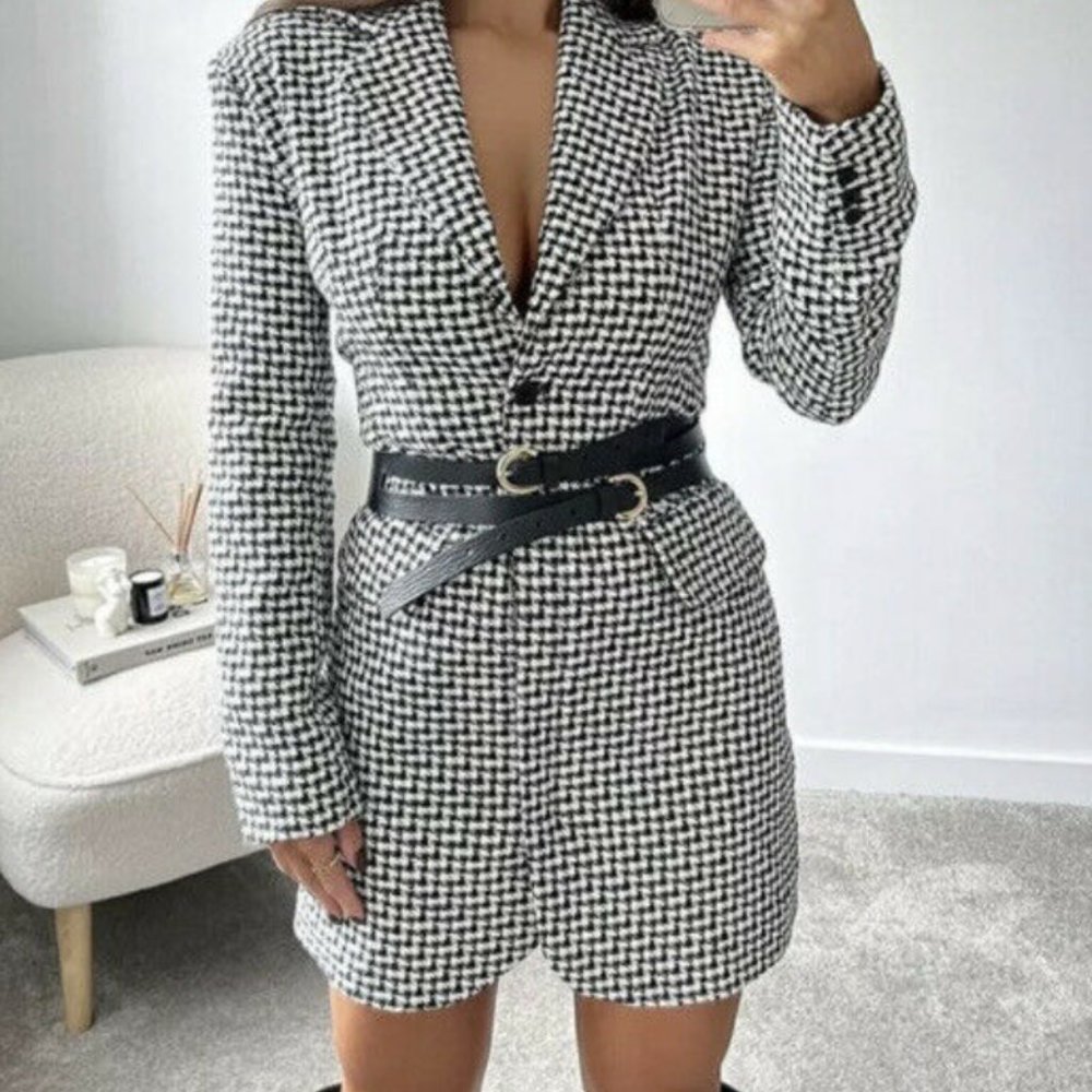 ZARA NWT WOMAN HOUNDSTOOTH BLAZER DRESS Black / White 8342/334 XS EXTRA SMALL